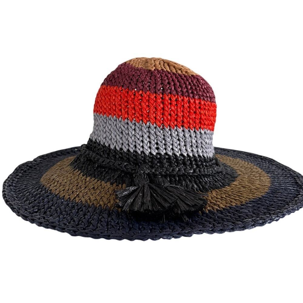 Wommelsdorff Hat Wide Brim Striped‎  Straw Knit Design Handmade in Germany